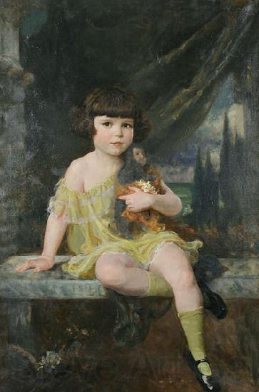 Douglas Volk Young Girl in Yellow Dress Holding her Doll,